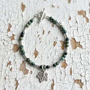 Semi Precious Faceted Turquoise & Sterling Silver Bracelet w/ a Maple Leaf Charm